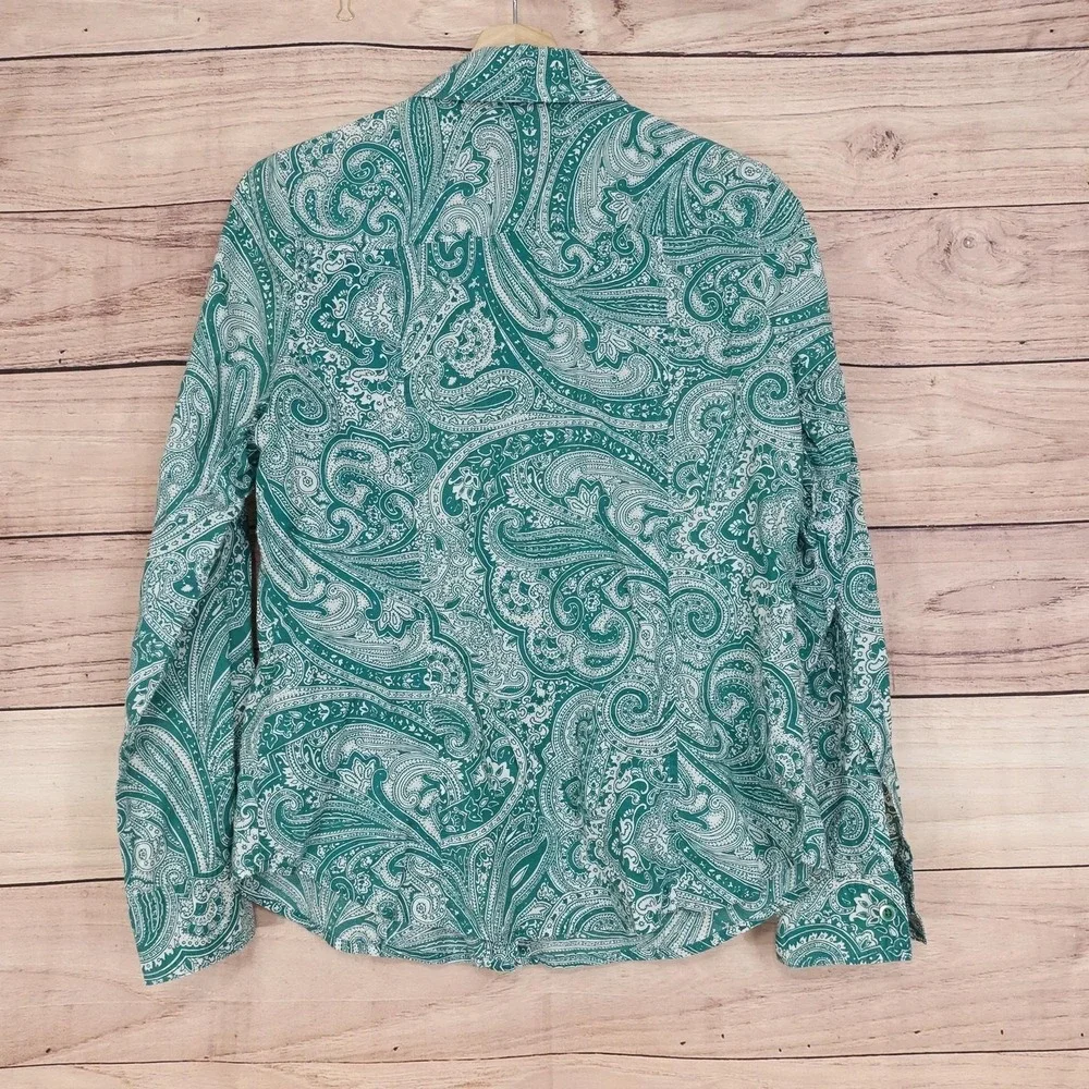 Michael Kors Button-Up Womens M Green Paisley Collared Long Sleeve Shirt